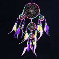 Fashion Dream Catcher, Iron, with Feather & Satin Ribbon & Nylon Cord, Flat Round, multi-colored, 170x450mm, 2PCs/Bag, Sold By Bag