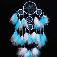 Fashion Dreamcatcher, Eisen, mit Feder & Nylonschnur, flache Runde, blau, 150x600mm, 2PCs/Tasche, verkauft von Tasche