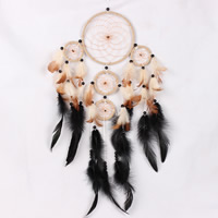 Fashion Dream Catcher, Iron, with Feather & Nylon Cord & Glass Seed Beads, Flat Round, coffee color, nickel, lead & cadmium free, 130x600mm, 2PCs/Bag, Sold By Bag