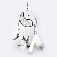 Fashion Dream Catcher, Iron, with Feather & Nylon Cord & Glass Seed Beads, Flat Round, ying yang & two tone, nickel, lead & cadmium free, 150x500mm, 2PCs/Bag, Sold By Bag