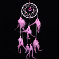 Мода Dreamcatcher, Железо, с перья & Нейлоновый шнурок & Стеклянный бисер, Плоская круглая форма, розовый, не содержит никель, свинец, 130x550mm, 2ПК/сумка, продается сумка