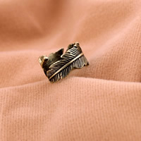 liga de zinco Cuff Ring Finger, Forma de pena, banho de cor bronze antigo, níquel, chumbo e cádmio livre, 17mm, tamanho:7, 3PCs/Bag, vendido por Bag