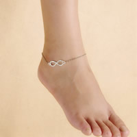 Tibetan Style Anklet, with iron chain, with 5cm extender chain, Infinity, silver color plated, oval chain & with rhinestone, nickel, lead & cadmium free, 220mm, Length:Approx 8.5 Inch, 3Strands/Bag, Sold By Bag
