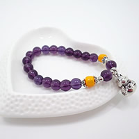 Amethyst Bracelet, with Yellow Agate & Tibetan Style, Fortune Cat, antique silver color plated, February Birthstone & natural & charm bracelet, 170mm, Sold Per Approx 6.5 Inch Strand