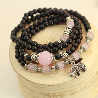 Black Agate with Rose Quartz & Zinc Alloy Elephant antique silver color plated natural & charm bracelet &  & with rhinestone 730mm Sold Per Approx 28.5 Inch Strand