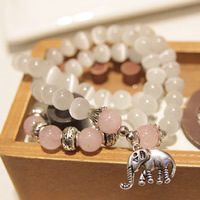 bracelet de multicouches de Perles de verre, Oeil de chat, avec quartz rose & alliage de zinc, éléphant, Plaqué de couleur d'argent, bracelet à breloques & 3 brins, 530mm, Vendu par Environ 20.5 pouce brin