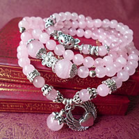 Rose Quartz, with Tibetan Style, Winged Heart, antique silver color plated, natural & charm bracelet & 4-strand, 730mm, Sold Per Approx 28.5 Inch Strand