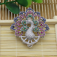 Cubic Zirconia Micro Pave Brass Pendant, Peacock, platinum plated, micro pave cubic zirconia, nickel, lead & cadmium free, 39x42x9.50mm, Hole:Approx 3mm, 5PCs/Lot, Sold By Lot