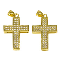 Cubic Zirconia Micro Pave Brass Pendant, Cross, real gold plated, micro pave cubic zirconia, nickel, lead & cadmium free, 17x26.50x3.50mm, Hole:Approx 3x4mm, 20PCs/Lot, Sold By Lot