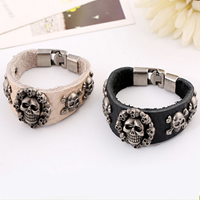 Men Bracelet, Cowhide, with Tibetan Style, Skull, antique silver color plated, more colors for choice, nickel, lead & cadmium free, 25mm, Length:Approx 7.87 Inch, 20Strands/Lot, Sold By Lot