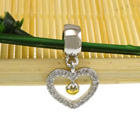 Brass European Pendant, Heart, plated, micro pave cubic zirconia & without troll & two tone, nickel, lead & cadmium free, 19mm, 11x11x2mm, 3.5x10x7.5mm, Hole:Approx 5mm, 20PCs/Lot, Sold By Lot