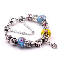 European Bracelet Zinc Alloy with brass chain & Lampwork antique silver color plated charm bracelet & with rhinestone nickel lead & cadmium free 3mm Sold By Lot