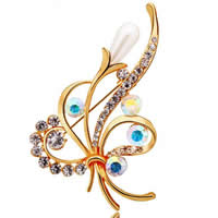 Zinc Alloy Brooches with ABS Plastic Pearl Flower gold color plated with rhinestone nickel lead & cadmium free Sold By PC