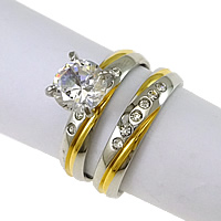 Cubic Zirconia acero inoxidable anillo de dedo conjunto, chapado, con circonia cúbica & con diamantes de imitación & 2-tono, 7mm, 4mm, tamaño:8, 20Setsset/Grupo, 2PCs/Set, Vendido por Grupo