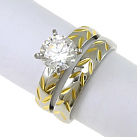 Cubic Zirconia Stainless Steel Finger Ring Sæt, forgyldt, blomst cut & med cubic zirconia & to tone, 7mm, 4mm, Størrelse:8, 20sæt/Lot, 2pc'er/sæt, Solgt af Lot