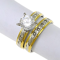 Zirkonia Edelstahl Finger Ring Set, plattiert, Blume Schnitt & mit kubischem Zirkonia & mit Strass & zweifarbig, 8mm, 4mm, Größe:8, 20SetsSatz/Menge, 2PCs/setzen, verkauft von Menge