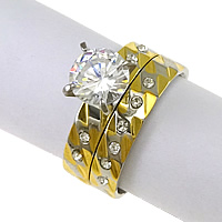 Cubic Zirconia Stainless Steel Finger Ring Sæt, forgyldt, blomst cut & med cubic zirconia & med rhinestone & to tone, 7mm, 4mm, Størrelse:7, 20sæt/Lot, 2pc'er/sæt, Solgt af Lot