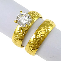 Cubic Zirconia Stainless Steel Finger Ring Sæt, guldfarve belagt, blomst cut & med cubic zirconia, 7mm, 6mm, Størrelse:8, 20sæt/Lot, 2pc'er/sæt, Solgt af Lot
