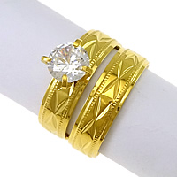Cubic Zirconia Stainless Steel Finger Ring Sæt, guldfarve belagt, blomst cut & med cubic zirconia, 9mm, 6mm, Størrelse:9, 20sæt/Lot, 2pc'er/sæt, Solgt af Lot