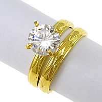 Cubic Zirconia Stainless Steel Finger Ring Sæt, guldfarve belagt, blomst cut & med cubic zirconia, 7mm, 3mm, Størrelse:6, 20sæt/Lot, 2pc'er/sæt, Solgt af Lot