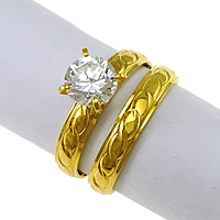 Cubic Zirconia Stainless Steel Finger Ring Sæt, guldfarve belagt, blomst cut & med cubic zirconia, 7mm, 4mm, Størrelse:9, 20sæt/Lot, 2pc'er/sæt, Solgt af Lot
