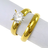 Cubic Zirconia Stainless Steel Finger Ring Sæt, guldfarve belagt, med cubic zirconia, 7.5mm, 4mm, Størrelse:8, 20sæt/Lot, 2pc'er/sæt, Solgt af Lot