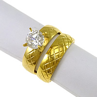 Cubic Zirconia Stainless Steel Finger Ring Sæt, guldfarve belagt, blomst cut & med cubic zirconia, 7mm, 6mm, Størrelse:8, 20sæt/Lot, 2pc'er/sæt, Solgt af Lot