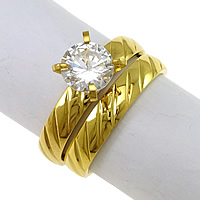 Cubic Zirconia Stainless Steel Finger Ring Sæt, guldfarve belagt, blomst cut & med cubic zirconia, 7.5mm, 4mm, Størrelse:9, 20sæt/Lot, 2pc'er/sæt, Solgt af Lot