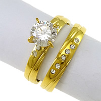 Cubic Zirconia Stainless Steel Finger Ring Set gold color plated with cubic zirconia & with rhinestone 7.5mm 4mm US Ring  Sold By Lot
