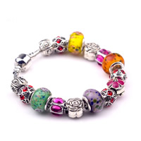 European Bracelet, Tibetan Style, with brass chain & Lampwork, antique silver color plated, different length for choice & enamel & with rhinestone, nickel, lead & cadmium free, 3mm, 8x10mm, 10Strands/Lot, Sold By Lot