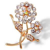 Rhinestone Brooch, Tibetan Style, Flower, gold color plated, with rhinestone, nickel, lead & cadmium free, 45x35mm, Sold By PC