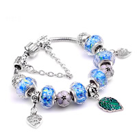European Bracelet, Tibetan Style, with brass chain & Lampwork, word made with love, antique silver color plated, charm bracelet & different length for choice & enamel, nickel, lead & cadmium free, 3mm,8x10mm, 10Strands/Lot, Sold By Lot