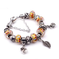European Bracelet, Tibetan Style, with brass chain & Lampwork, antique silver color plated, charm bracelet & different length for choice, nickel, lead & cadmium free, 3mm, 8x10mm, 10Strands/Lot, Sold By Lot