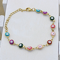 Evil Eye Jewelry Bracelet Stainless Steel with 2lnch extender chain gold color plated bar chain & enamel multi-colored Sold Per Approx 6 Inch Strand