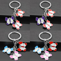Tibetan Style Key Chain, with iron ring, Butterfly, platinum color plated, enamel & with rhinestone, mixed colors, lead & cadmium free, 24x26mm, Hole:Approx 32mm, Length:Approx 3-3.5 Inch, 3Strands/Bag, Sold By Bag