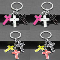 Tibetan Style Key Chain, with iron ring, Cross, word jesus love you, platinum color plated, enamel, mixed colors, lead & cadmium free, 23x25mm, Hole:Approx 32mm, Length:Approx 3-3.5 Inch, 3Strands/Bag, Sold By Bag