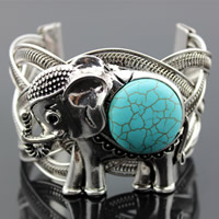 Tibetan Style Cuff Bangle, with Turquoise, Elephant, antique silver color plated, lead & cadmium free, 45mm, Inner Diameter:Approx 45mm, Length:Approx 7.5 Inch, 3PCs/Bag, Sold By Bag
