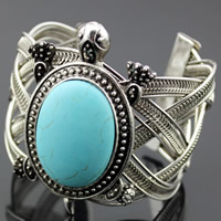 Tibetan Style Cuff Bangle, with Turquoise, Flat Oval, antique silver color plated, lead & cadmium free, 45mm, Inner Diameter:Approx 45mm, Length:Approx 7.5 Inch, 3PCs/Bag, Sold By Bag