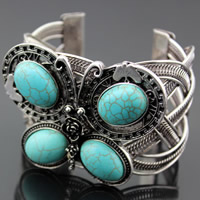 Tibetan Style Cuff Bangle, with Turquoise, Butterfly, antique silver color plated, lead & cadmium free, 45mm, Inner Diameter:Approx 45mm, Length:Approx 7.5 Inch, 3PCs/Bag, Sold By Bag