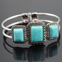 Tibetan Style Bangle, with Turquoise, Rectangle, antique silver color plated, lead & cadmium free, 45mm, Inner Diameter:Approx 45mm, Length:Approx 7.5 Inch, 3PCs/Bag, Sold By Bag