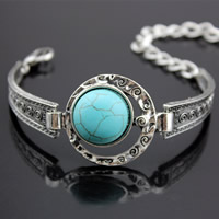 Tibetan Style Bracelet, with Turquoise, with 5cm extender chain, Flat Round, antique silver color plated, lead & cadmium free, 45mm, Length:Approx 7.5 Inch, 3Strands/Bag, Sold By Bag