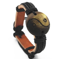 Men Bracelet, Cowhide, with Waxed Cotton Cord & Resin, Flat Round, ying yang & imitation yak bone & adjustable, 45mm, Length:Approx 7.5 Inch, 3Strands/Bag, Sold By Bag