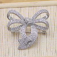 Cubic Zirconia Brooch, Brass, Bowknot, platinum plated, micro pave cubic zirconia, nickel, lead & cadmium free, 37x34x15mm, 5PCs/Lot, Sold By Lot