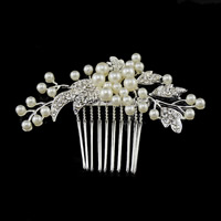 Bridal Decorative Hair Comb Zinc Alloy with ABS Plastic Pearl Flower silver color plated for bridal & with rhinestone lead & cadmium free 90mm Sold By Bag