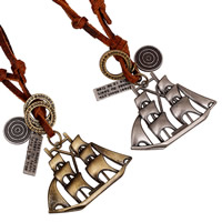 Cowhide Necklace, with Tibetan Style, Sail Boat, plated, nautical pattern & adjustable & with letter pattern, more colors for choice, 4mm, Length:Approx 17 Inch, 2Strands/Lot, Sold By Lot