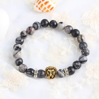 Network Stone Bracelet, with rhinestone brass spacer & Tibetan Style, Lion, antique gold color plated, natural, 8mm, Sold Per Approx 7.5 Inch Strand