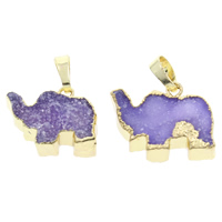 Natural Quartz Druzy Pendants, Amethyst, with brass bail, Elephant, gold color plated, February Birthstone & druzy style, 19x16x6mm-22x17x7mm, Hole:Approx 5x7mm, 5PCs/Bag, Sold By Bag