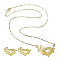Fashion Stainless Steel Jewelry Sets, earring & necklace, Heart, word love, gold color plated, oval chain, 30x21x1mm, 1.5x0.4mm, 14x9x1mm, Length:Approx 18 Inch, 10Sets/Lot, Sold By Lot