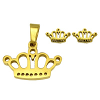 Parures de bijoux en acier inoxydable, pendentif & boucle d'oreille, couronne, Placage de couleur d'or, 20x14x2mm, 9x5x2mm, Trou:Environ 3x6mm, 10ensemblessérie/lot, Vendu par lot