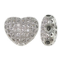 Cubic Zirconia Micro Pave Brass Beads, Heart, platinum plated, micro pave cubic zirconia & double-hole & hollow, nickel, lead & cadmium free, 11.50x10x6mm, Hole:Approx 1.5mm, 1mm, 20PCs/Lot, Sold By Lot
